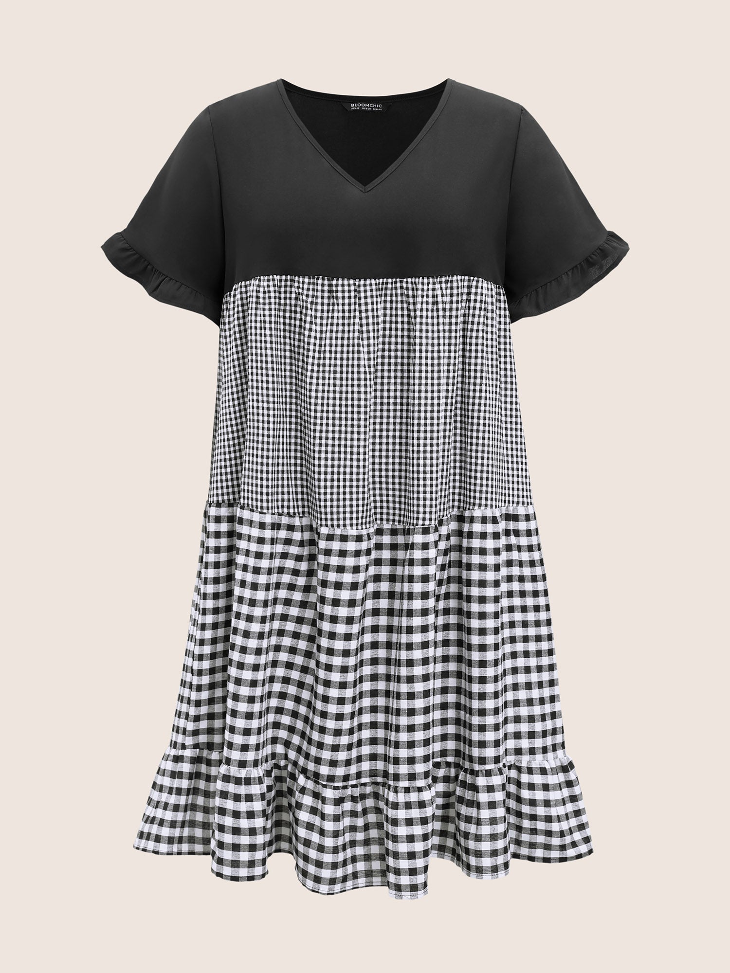 Gingham Patchwork V Neck Pocket Ruffles Dress