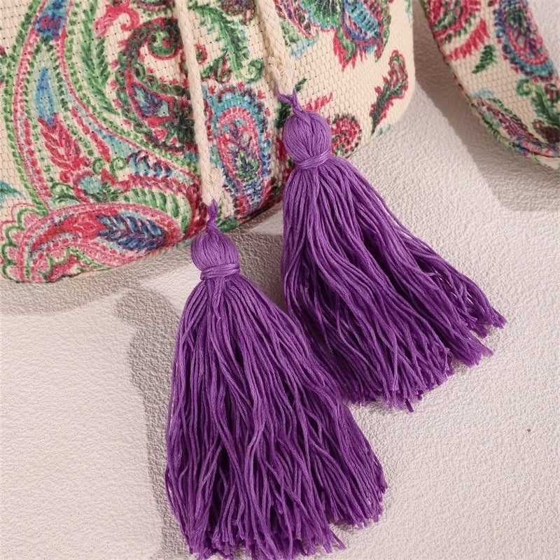 Women's Medium Canvas Geometric Ethnic Style Bucket Open Bucket Bag