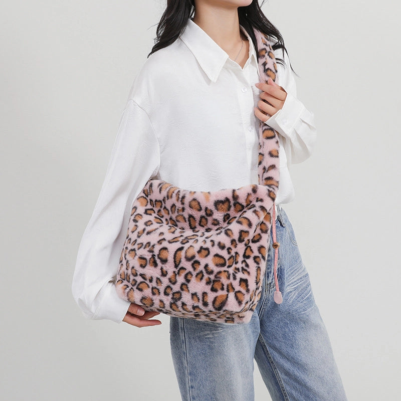 Women's Plush Leopard Vintage Style Classic Style Bucket Zipper Bucket Bag
