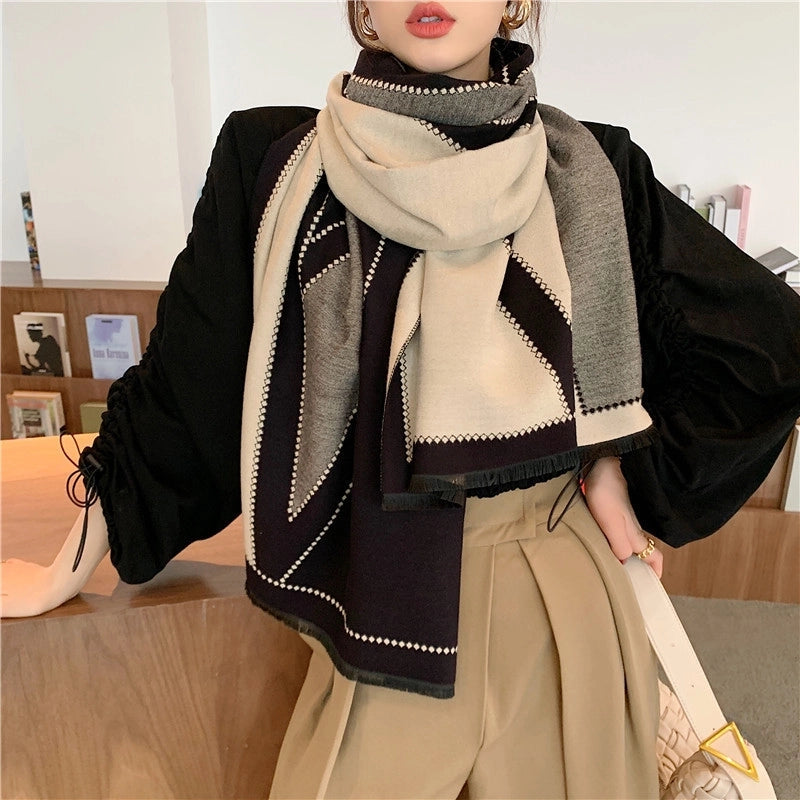 New Large V-Shaped Warm Thickened Double-Sided Cashmere Scarf Women's Office Air Conditioning Shawl Scarf