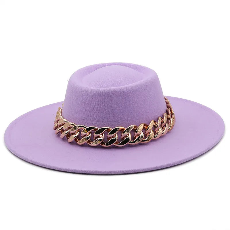 New Retro Ethnic Style 9.5 Brim Wool Woolen Felt Hat Concave Top Men's And Women's Top Hat Large Brim Thick Gold Chain Hat