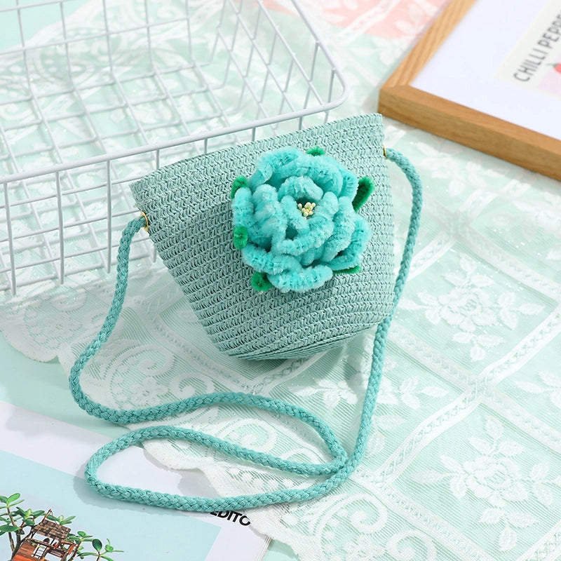 Women's Small Straw Solid Color Flower Vacation Beach Weave Round Zipper Straw Bag