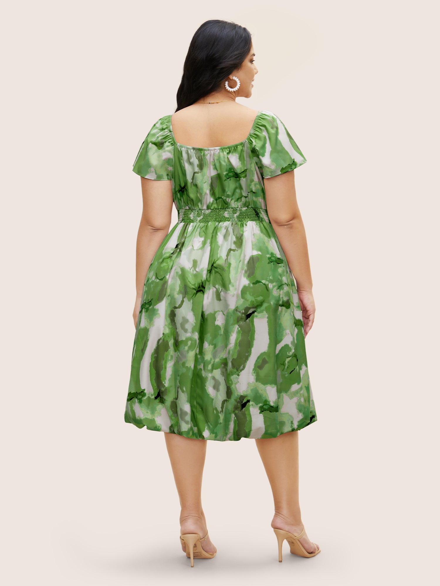 Watercolor Floral Ruffles Shirred Gathered Dress