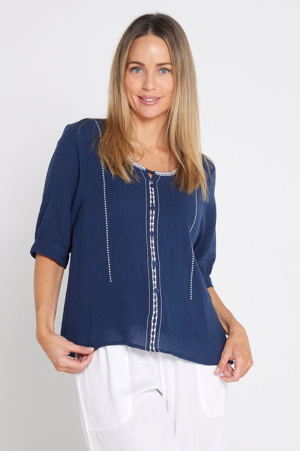 Meagan Linen Blouse - Navy