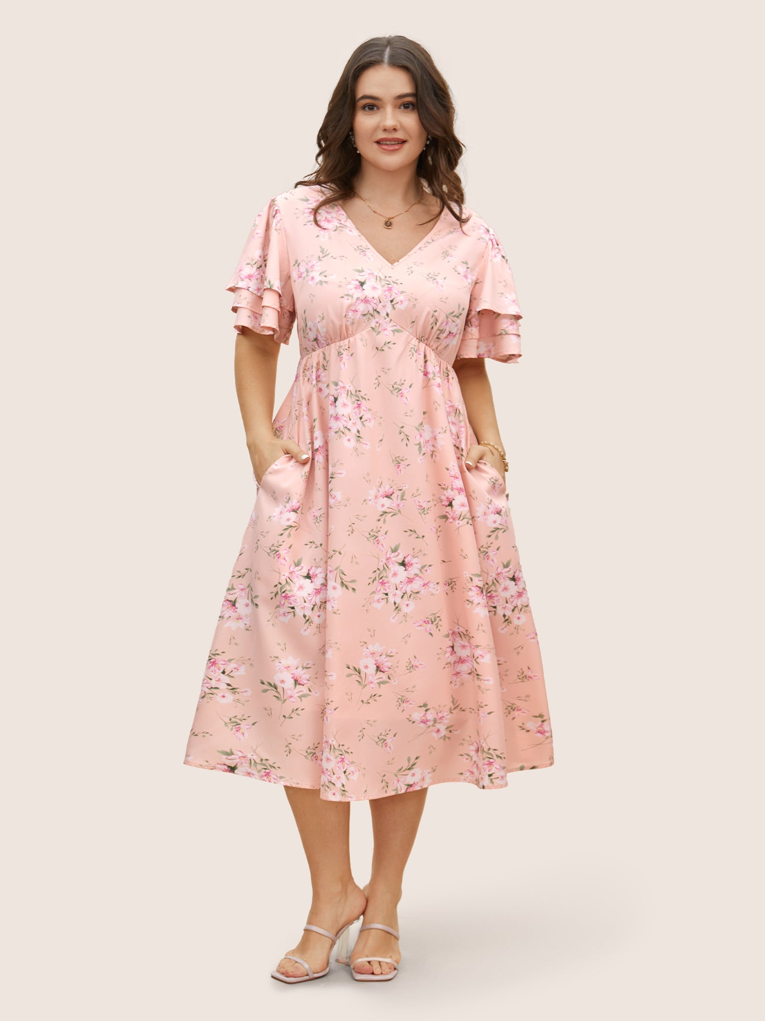 Floral Elastic Waist Tiered Ruffle Sleeve Dress