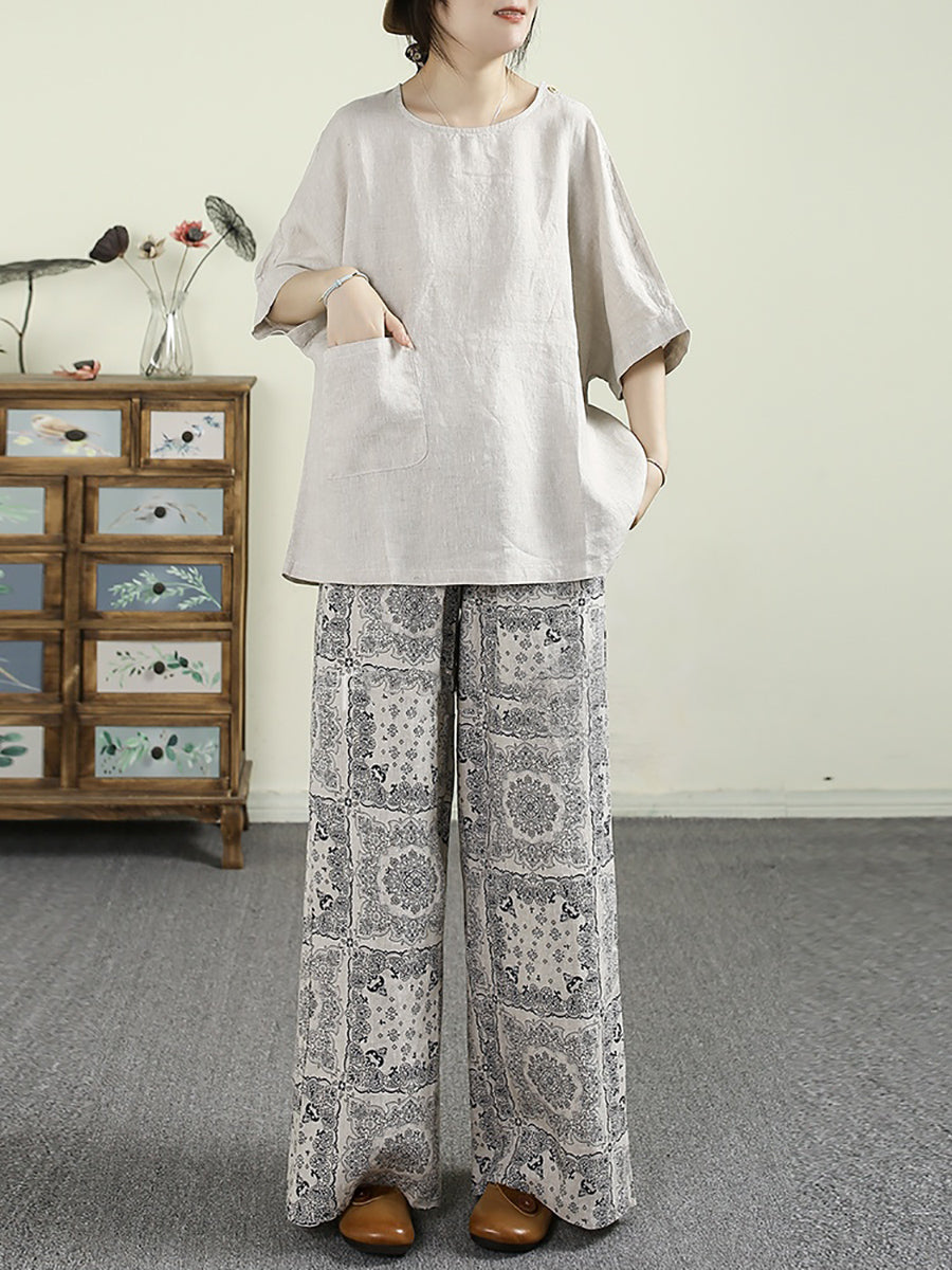 Women Summer Vintage Pure Color O-neck 100%Linen Shirt