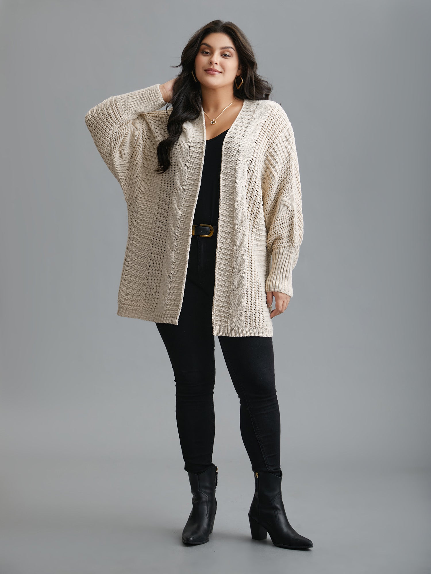 Cable Knit Open-Front Ribbed Knit Cardigan