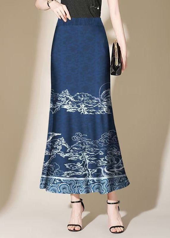 Vintage Navy Print Side Open Cotton Skirt Summer