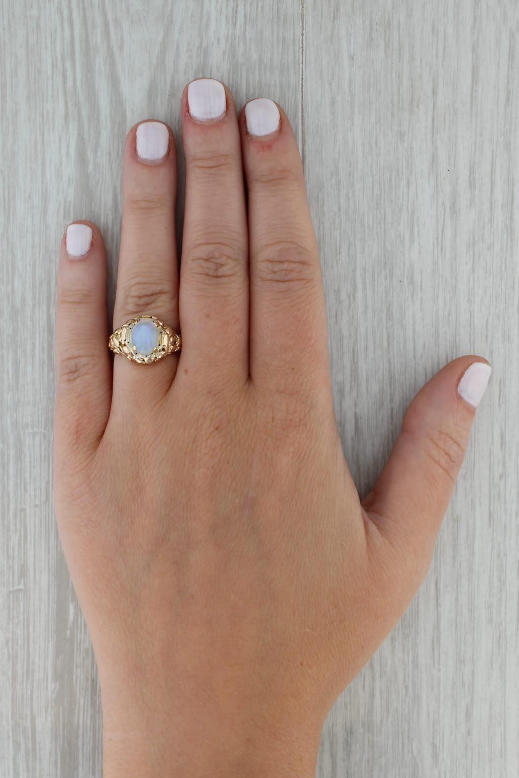 Vintage Opal Gold Nugget Ring 14k Yellow Gold Size 4.75 Oval Cabochon Solitaire