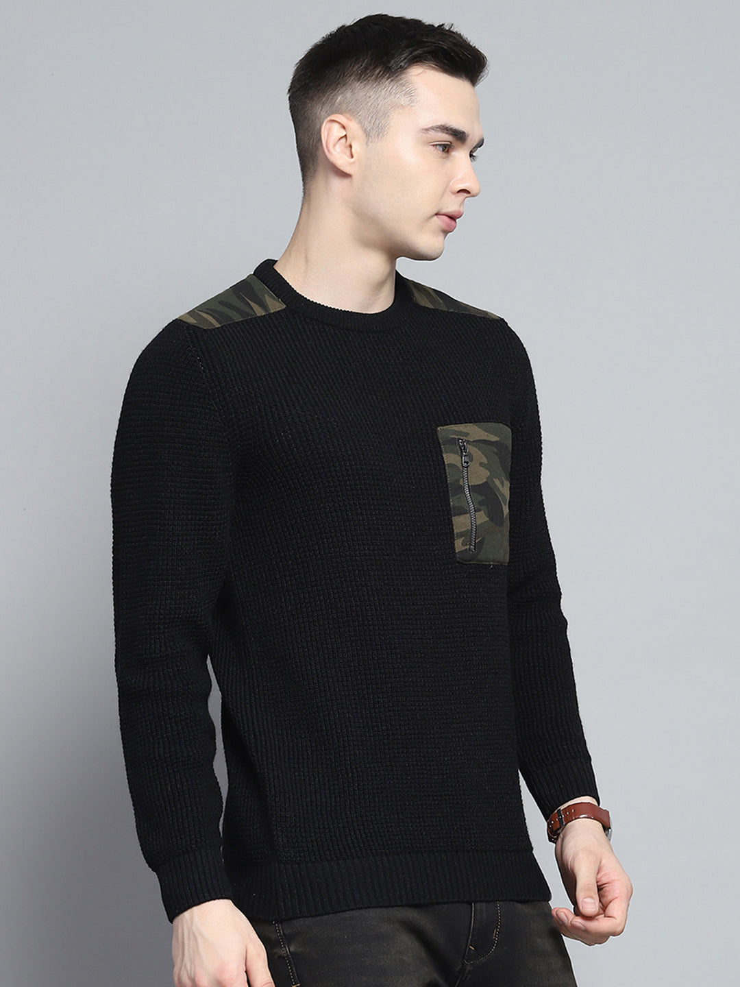 Men Black Self Design Round Neck Full Sleeve Pullover