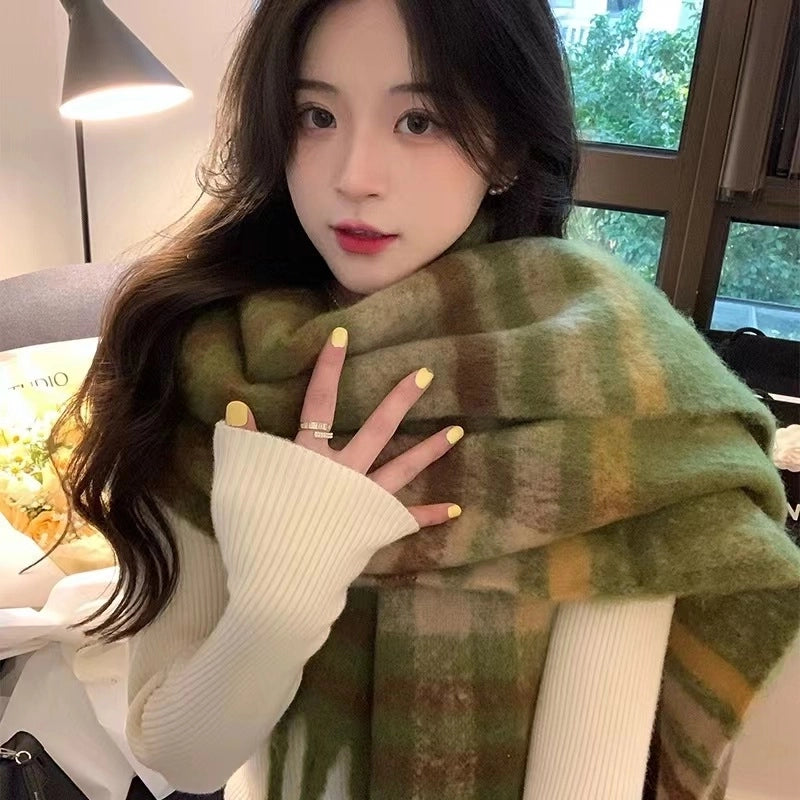 Autumn And Winter Thickened Scarf Women's  Rainbow Plaid Tassel Mohair Shawl Student Versatile Warm Scarf Fashion