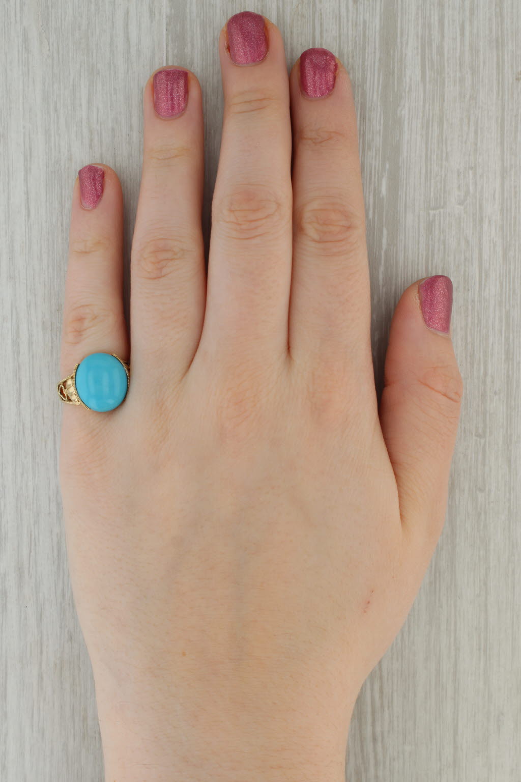 Imitation Turquoise Oval Cabochon Solitaire Ring 10k Gold Heart Accented Size 7