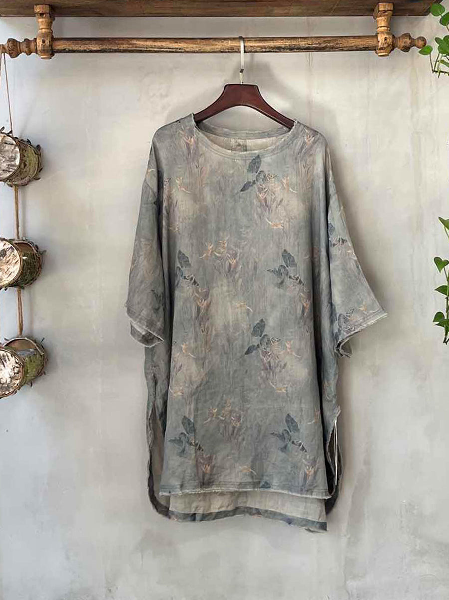 Women Summer Vintage Flower O-neck 100%Raime Shirt