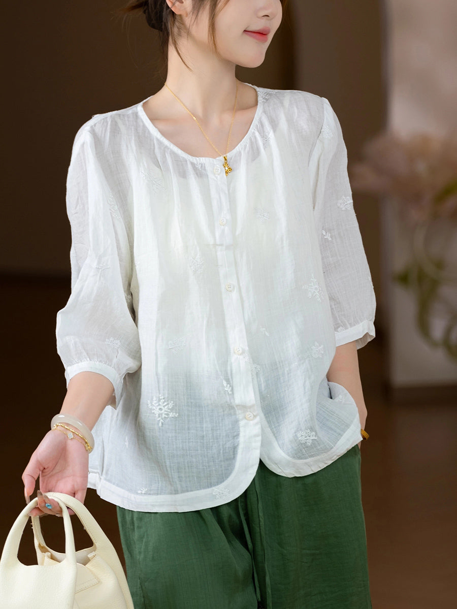 Women Summer Vintage Pure Color O-Neck 100%Ramie Shirt
