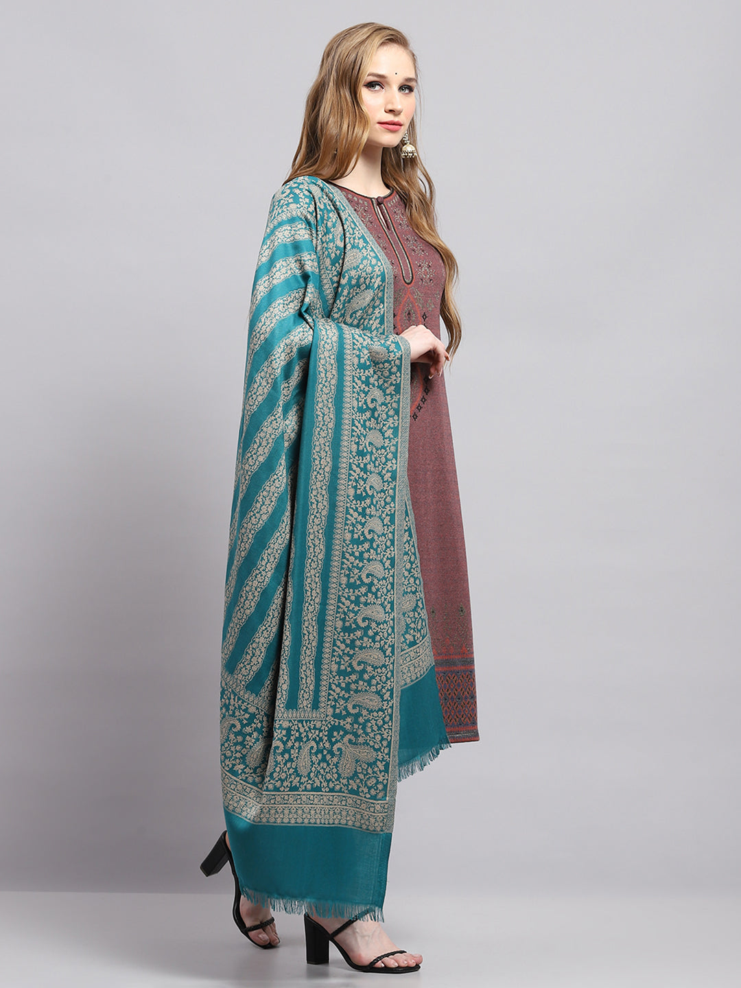 Women Turquoise Blue Self Design Shawl