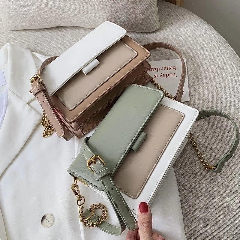 Women's Small Pu Leather Color Block Elegant Square Flip Cover Shoulder Bag Crossbody Bag Square Bag