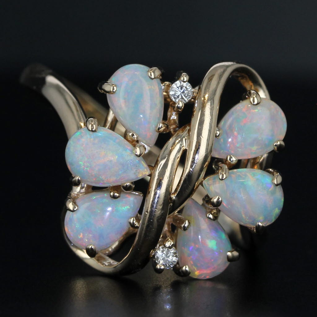 Opal Diamond Cluster Ring 14k Yellow Gold Size 10 Pear Cabochons