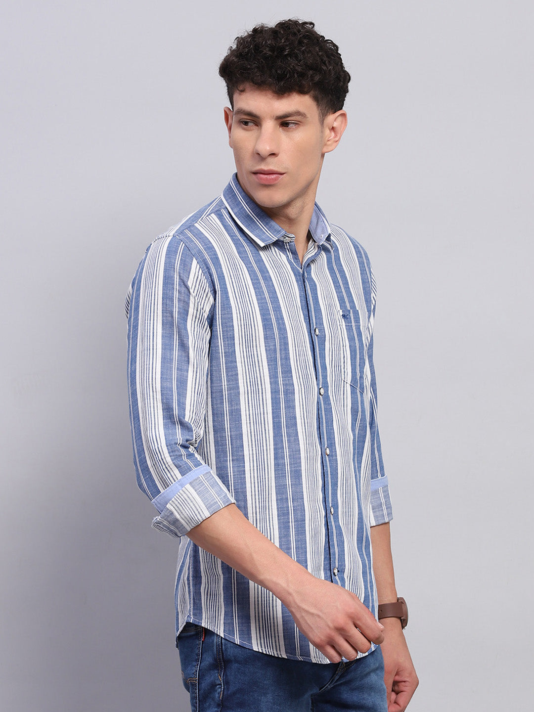 Men Blue Stripe Collar Full Sleeve Shirt