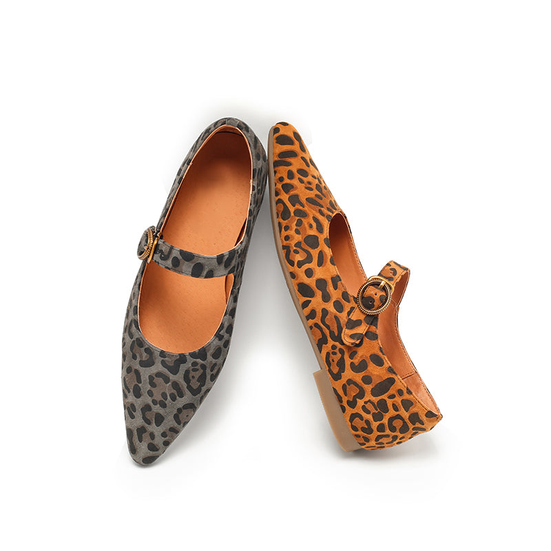 Leopard Print Suede Pointed-Toe Mary Jane Flats | Dwarves Studio in Brown/Grey/Apricot