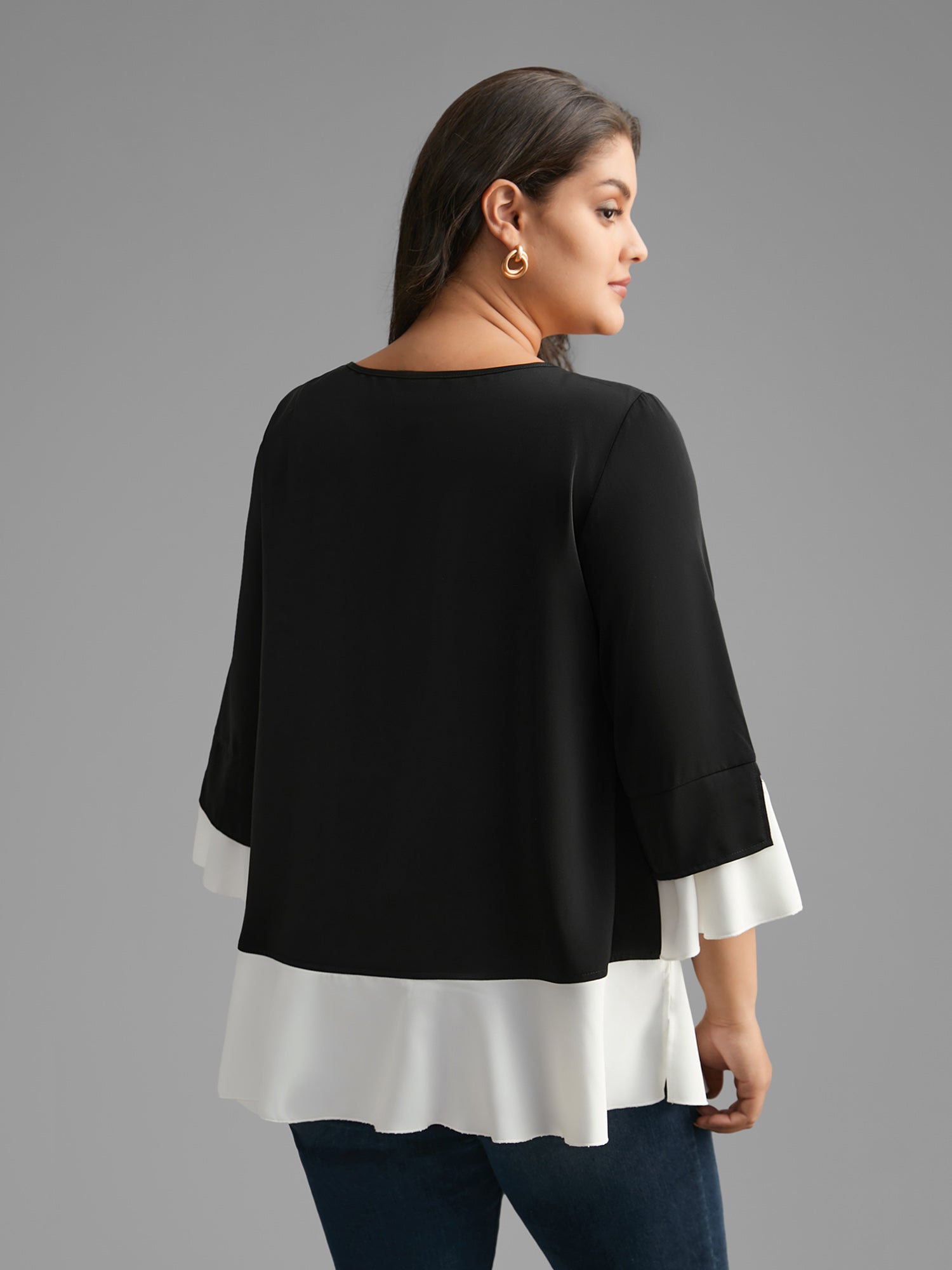 Contrast Patchwork Bell Sleeve Blouse