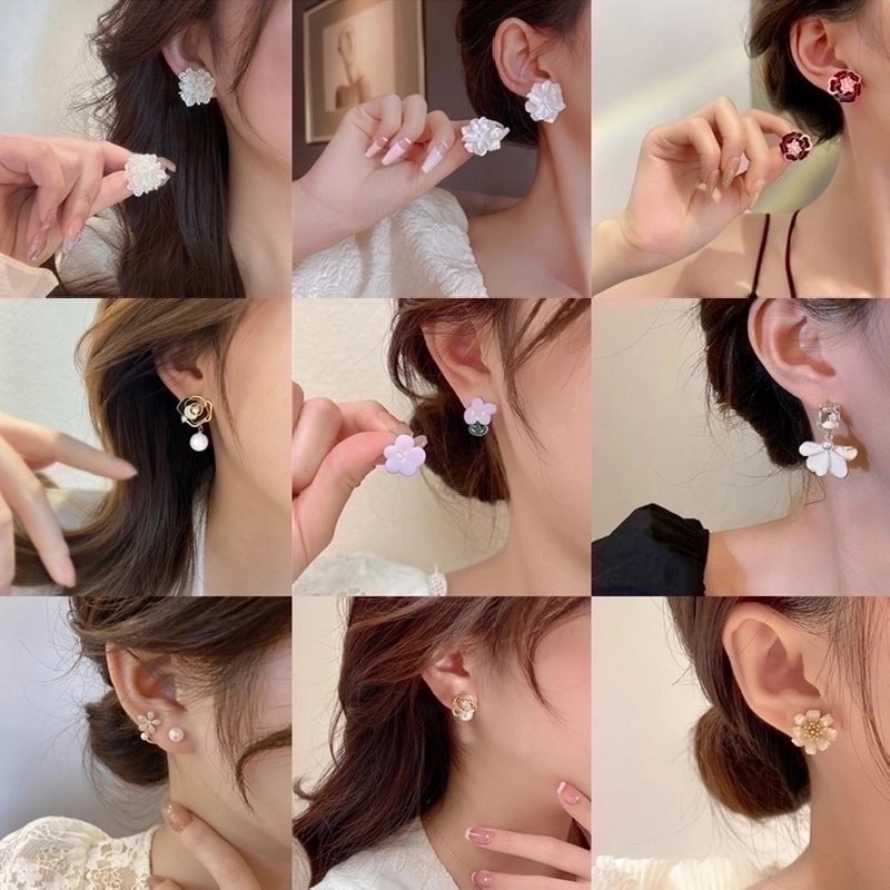 3 Pieces Sweet Heart Shape Rose Flower Inlay Imitation Pearl Alloy Rhinestones Earrings