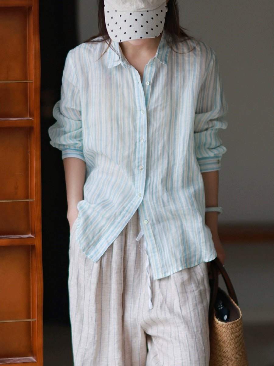 Women Summer Artsy Stripe Turn-down Collar 100%Ramie Shirt