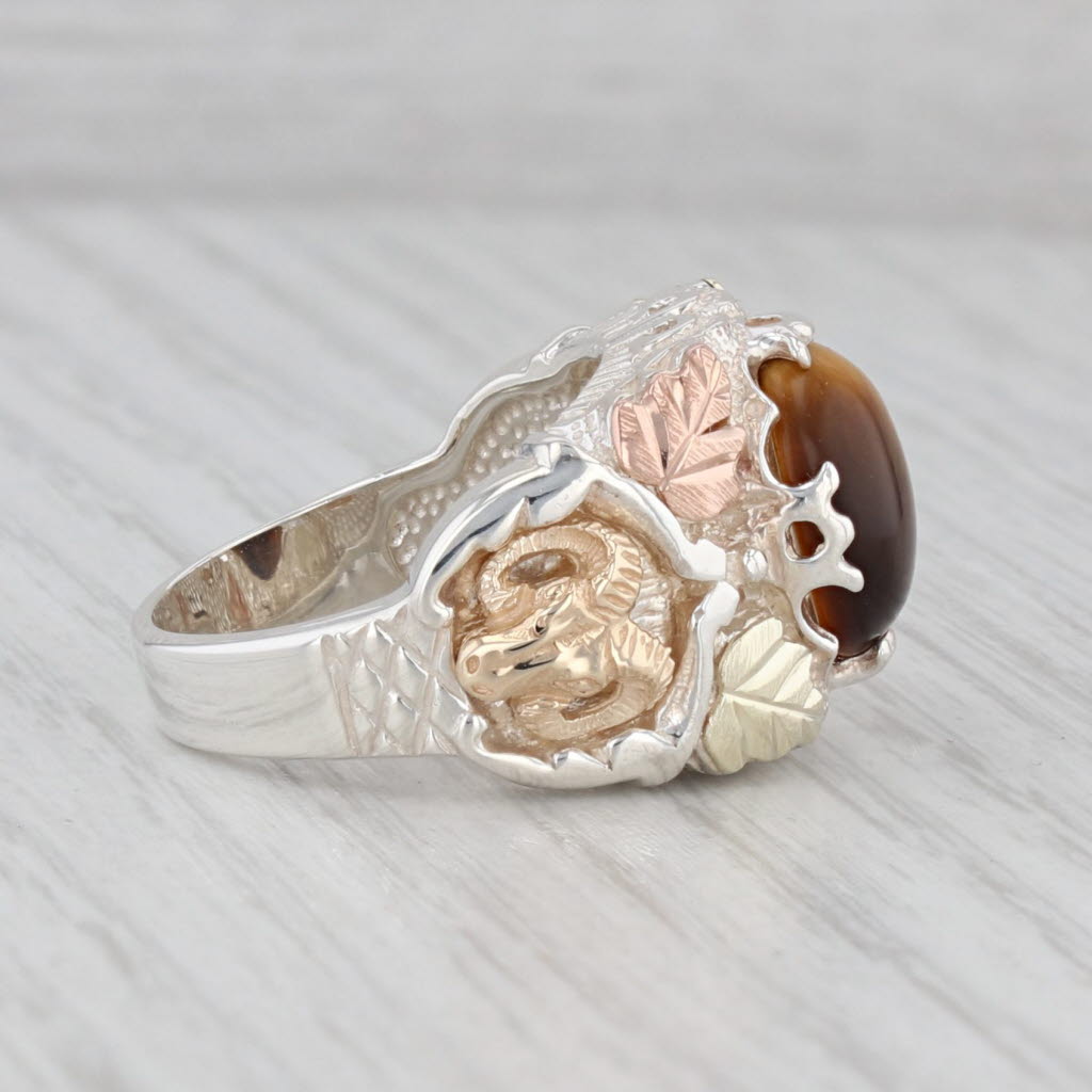 Coleman Co Black Hills Gold Tigers Eye Ram Ring Sterling Silver 12k Gold Size 8