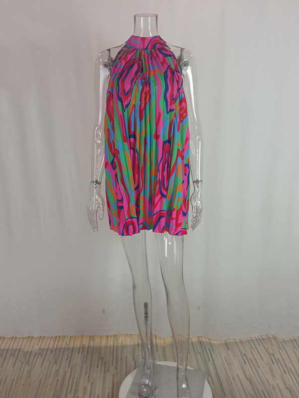 Loose Plus Size Pleated Printed Halter-Neck Mini Dresses Short Dresses