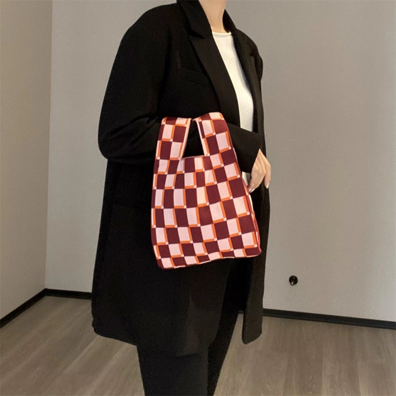Women's Small Knit Printing Lattice Flower Elegant Classic Style Square Open Handbag
