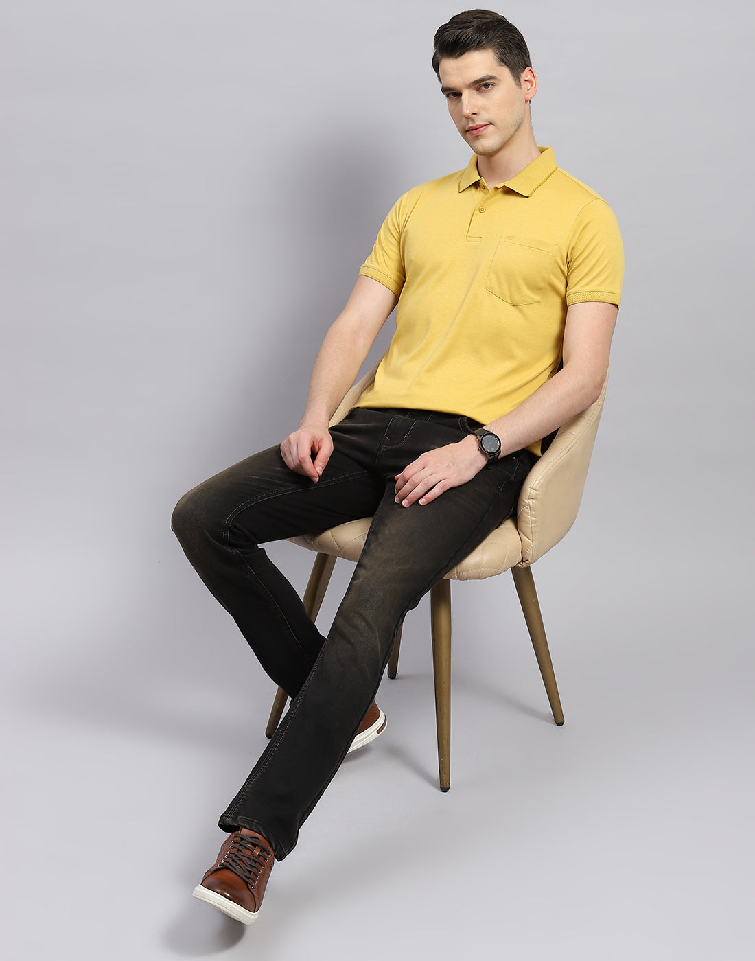 Men Yellow Solid Polo Collar Half Sleeve T-Shirt