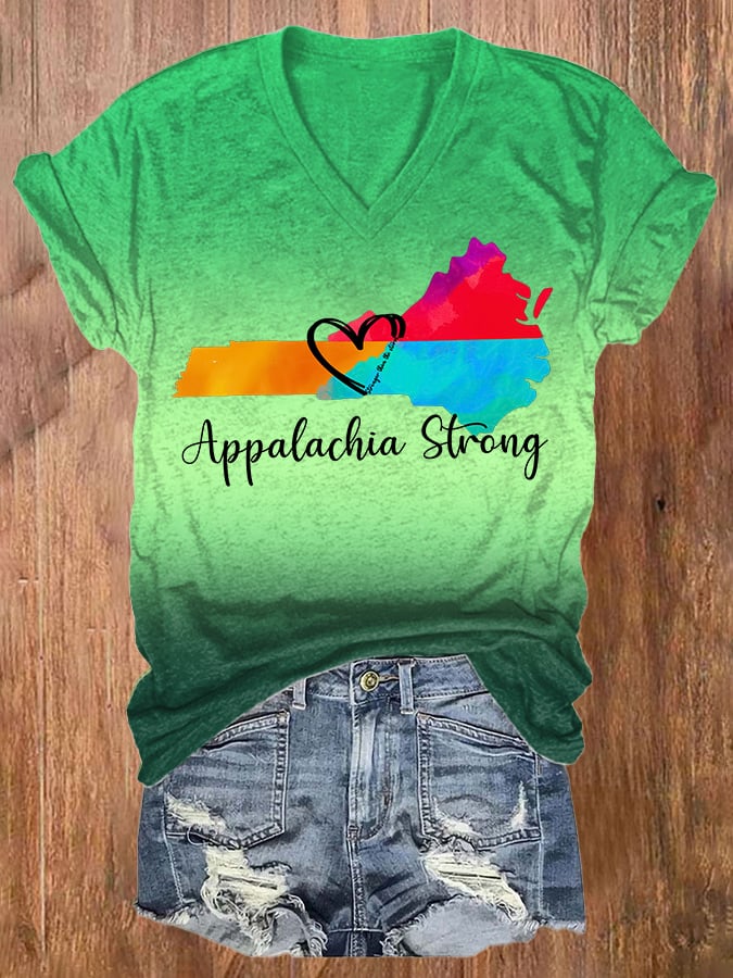 V-Neck Retro Gradient Appalachia Strong Stronger Than The Storm Print T-Shirt