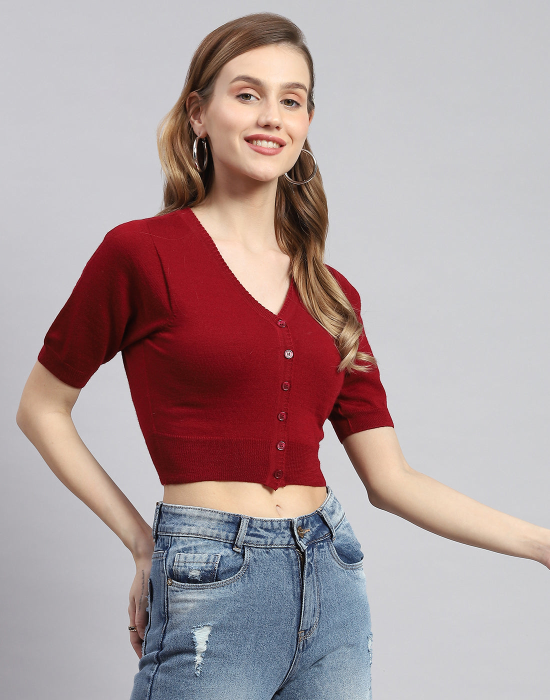 Women Maroon Solid V Neck Half Sleeve Blouse