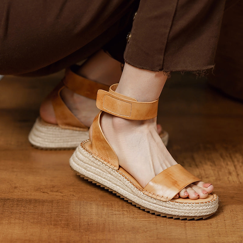 Summer Espadrille Platform Sandals Open Toe Cow Leather Wedge Sandals with Velcro Strap in Apricot Yellow/Beige/Black
