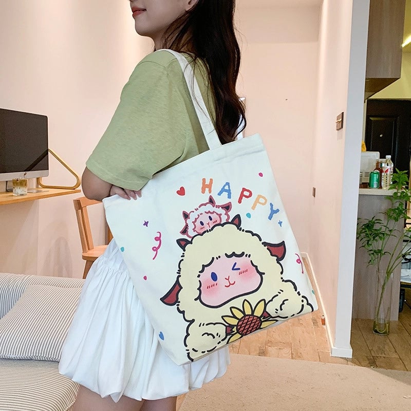 Women's Medium Canvas Cartoon Cute Square Zipper Shoulder Bag