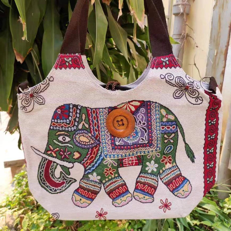 Women's Large Canvas Elephant Ethnic Style Square Zipper Shoulder Bag