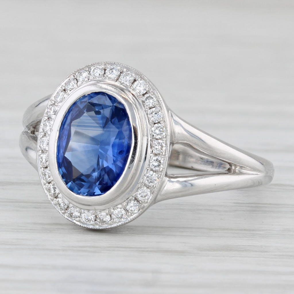 1.77ctw Oval Blue Sapphire Diamond Halo Ring 18k White Gold Size 6.25