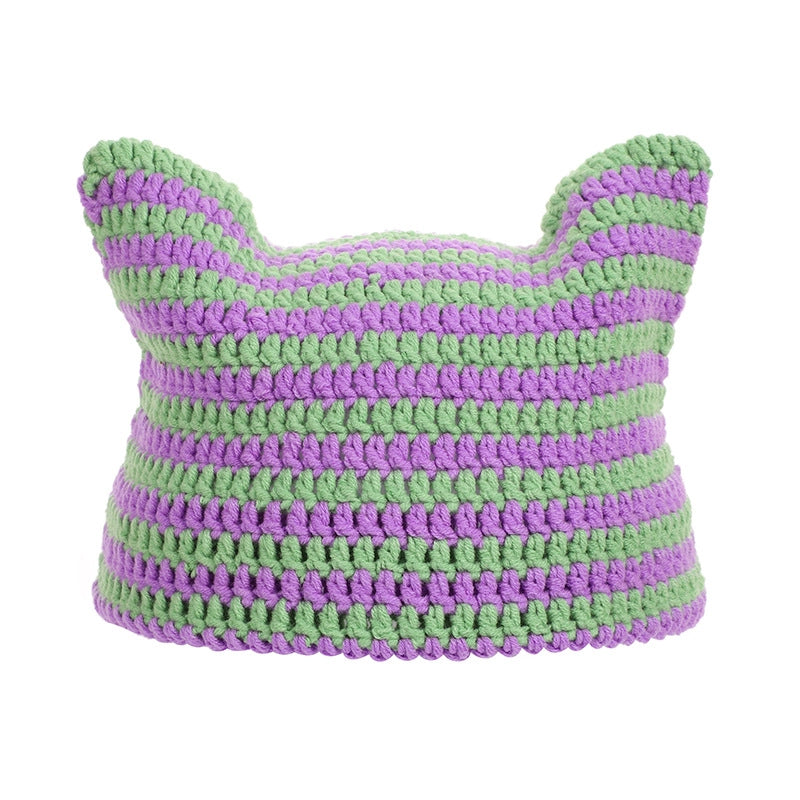 Autumn And Winter Wool Hat Japanese Sweet Little Devil Handmade Striped Hat Female Cat Ear Hat Warm Knitted Hat