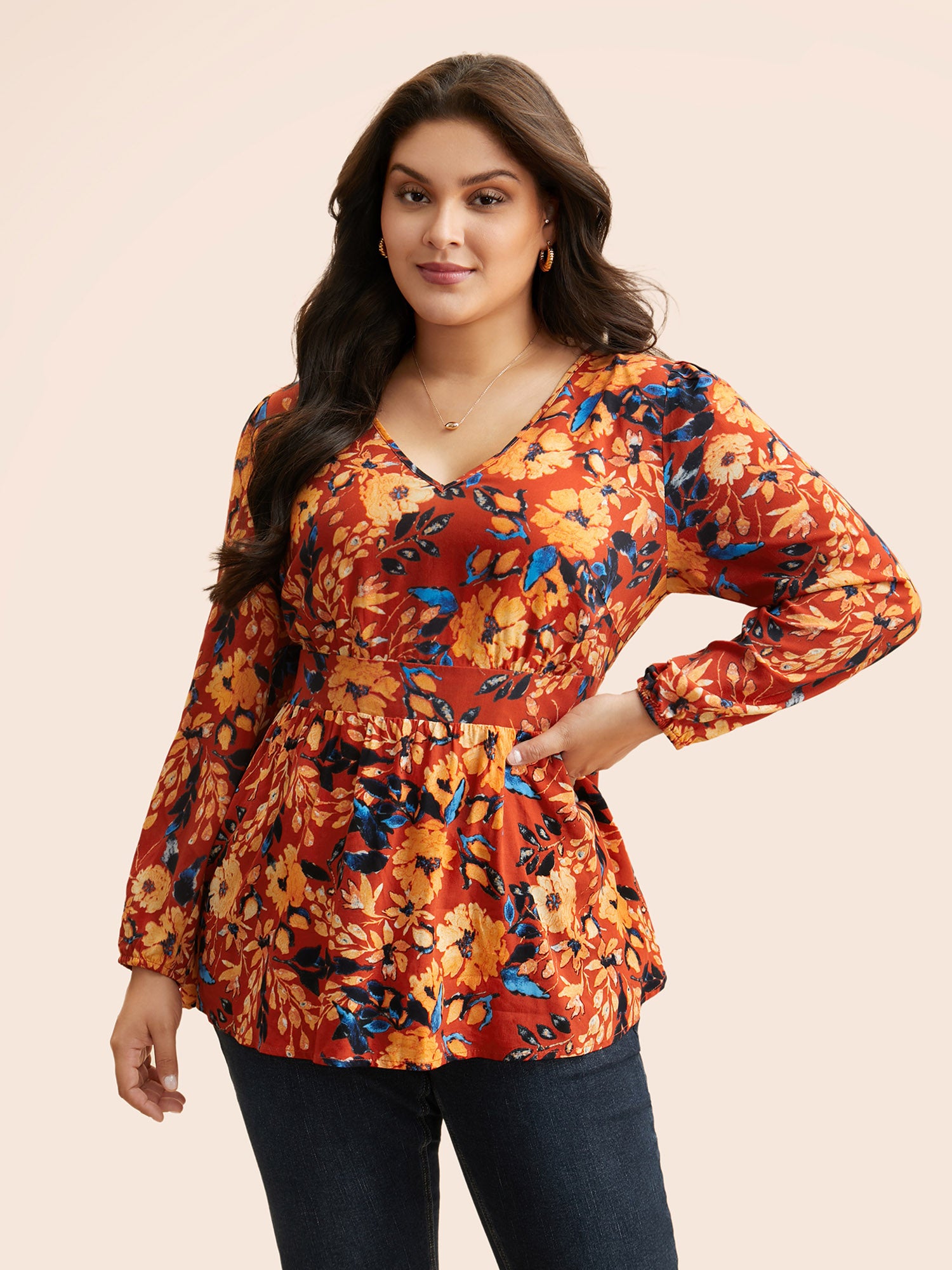 Floral Shirred Gathered Lantern Sleeve Blouse