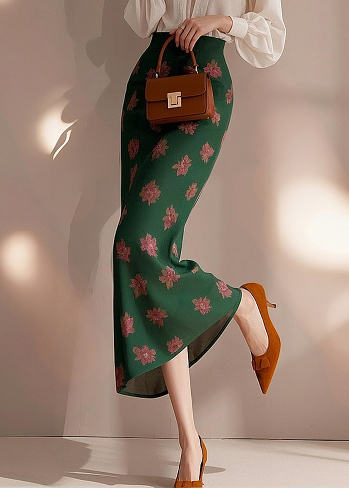 Art Green Print High Waist Cotton Skirt Spring