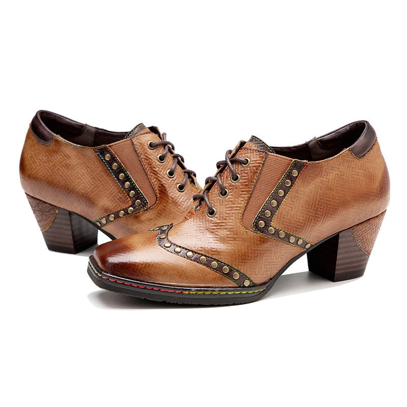 Women Fashion High Heel Oxfords With Rivets Lace-Up Brogue Shoes in Brown