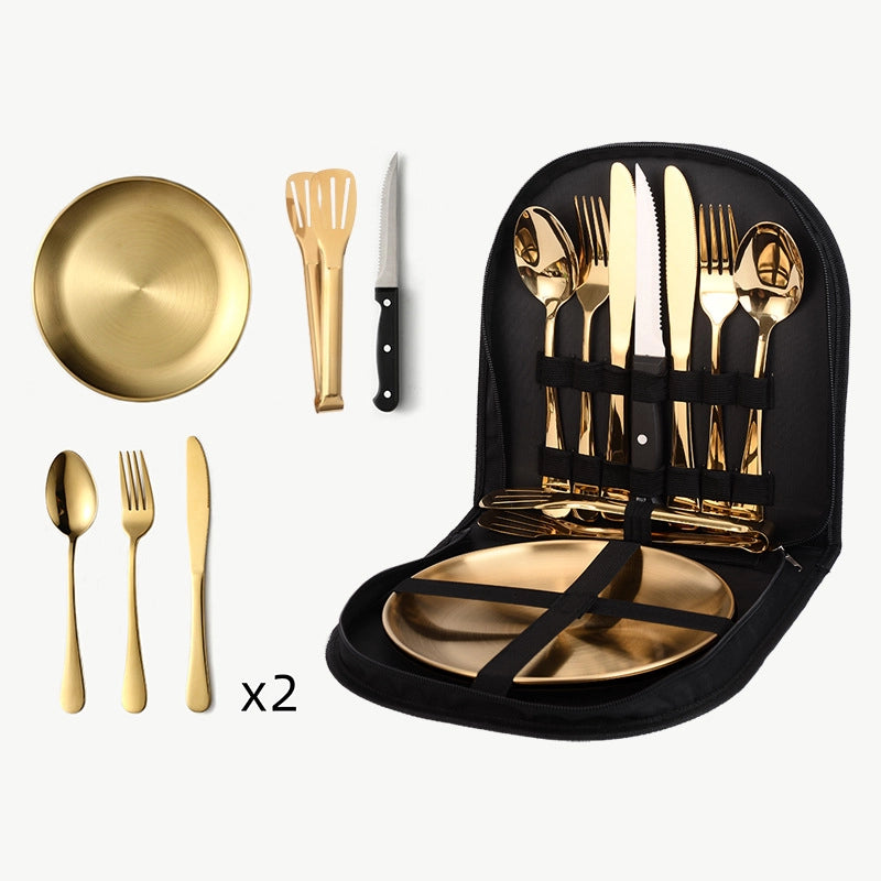 Outdoor Travel Stainless Steel Tableware Camping Picnic Barbecue Plate Clip Steak Knife. Fork And Spoon Suit Portable Storage Bag