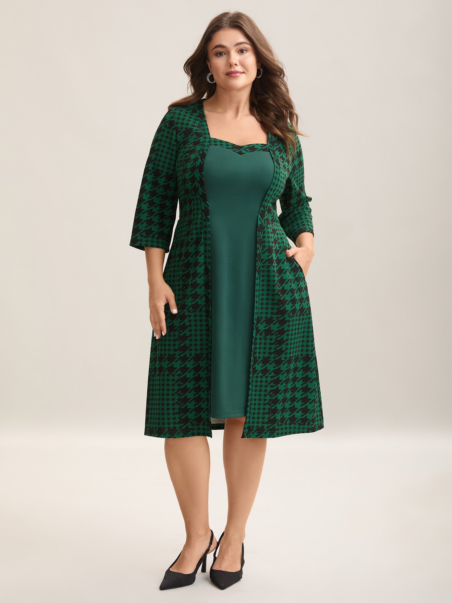 Houndstooth Print Waist-Cinched Patchwork Midi Dress