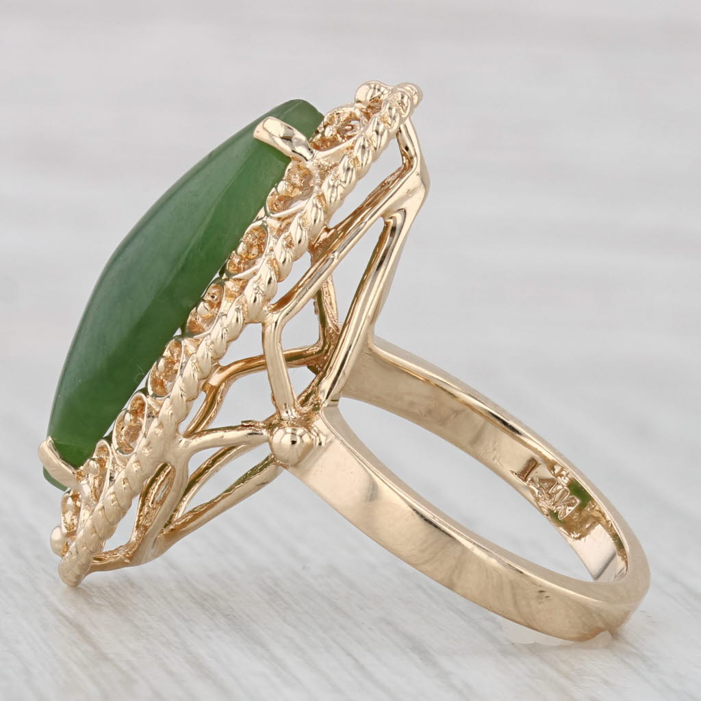 Green Nephrite Jade Navette Cabochon Ring 14k Yellow Gold Size 6.5