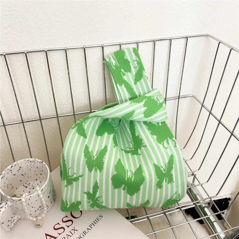 Women's Small Knit Houndstooth Stripe Butterfly Classic Style Square Open Handbag