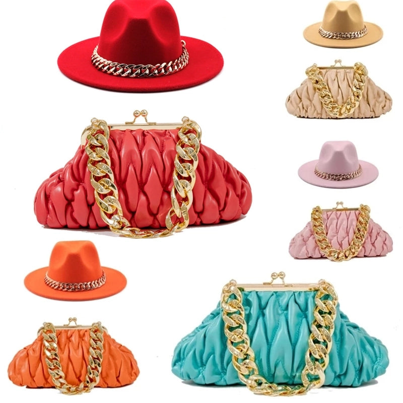 Women's British Style Solid Color Chain Flat Eaves Fedora Hat