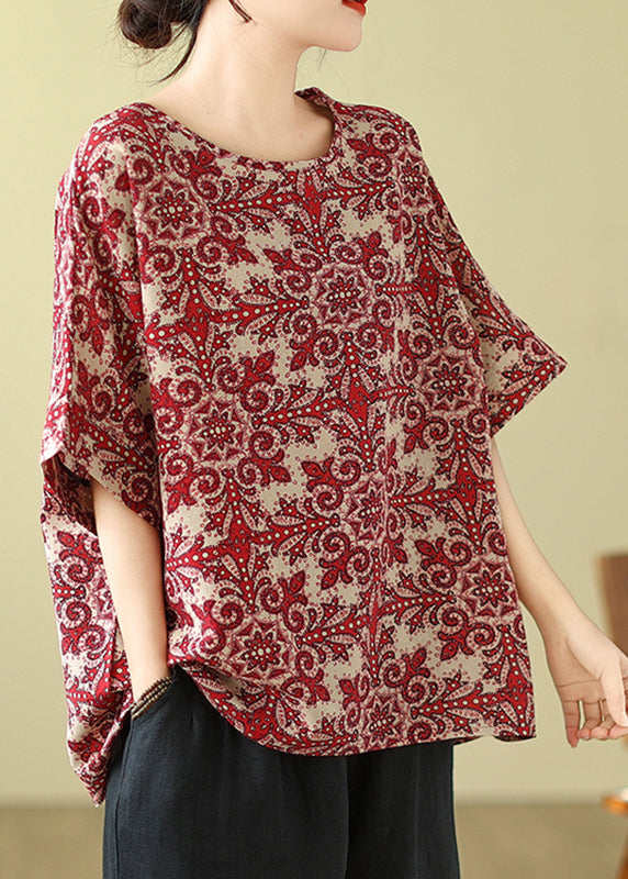 Natural Red Print Loose T Shirts Short Sleeve
