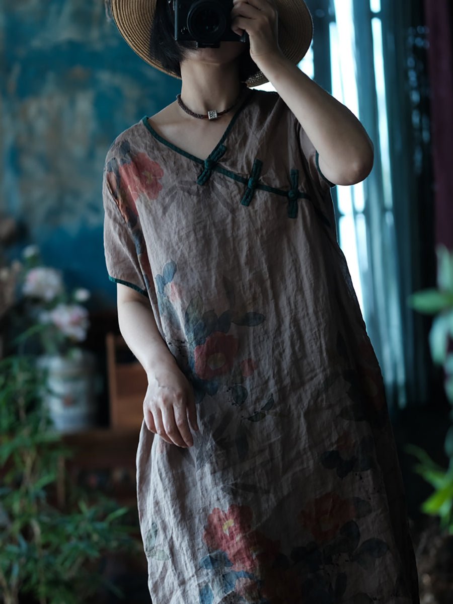 Women Ethnic Summer Flower Print Buckle Ramie Dress