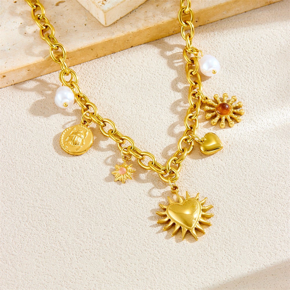 Fashion Retro Gold-Plated Thick Chain Sun Love Heart Pearl Insect Round Plate Stainless Steel Pendant Necklace