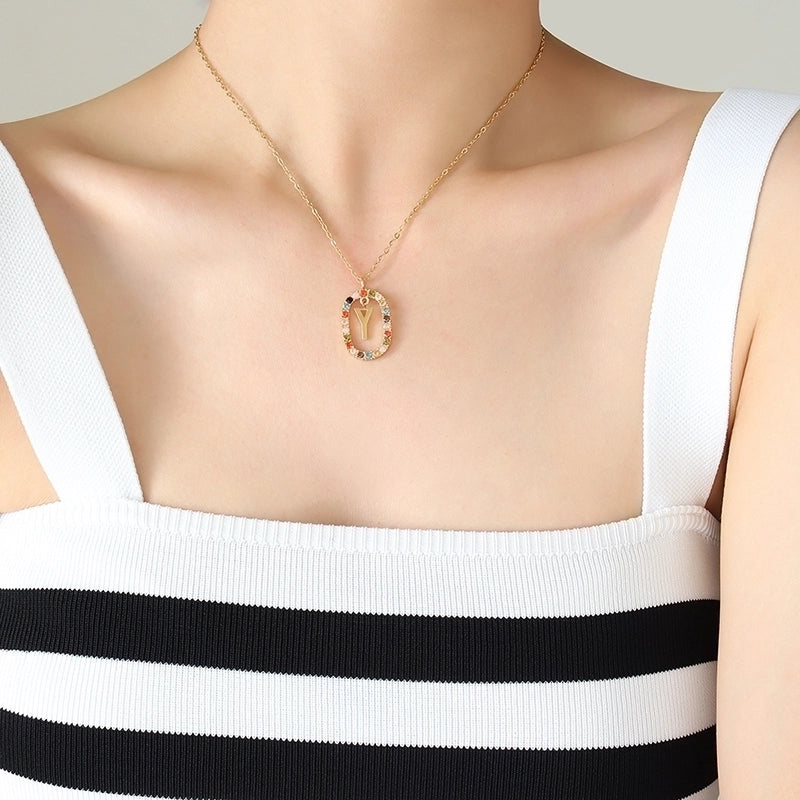 INS Style Letter Oval Titanium Steel Zircon 18K Gold Plated Inlay Necklace