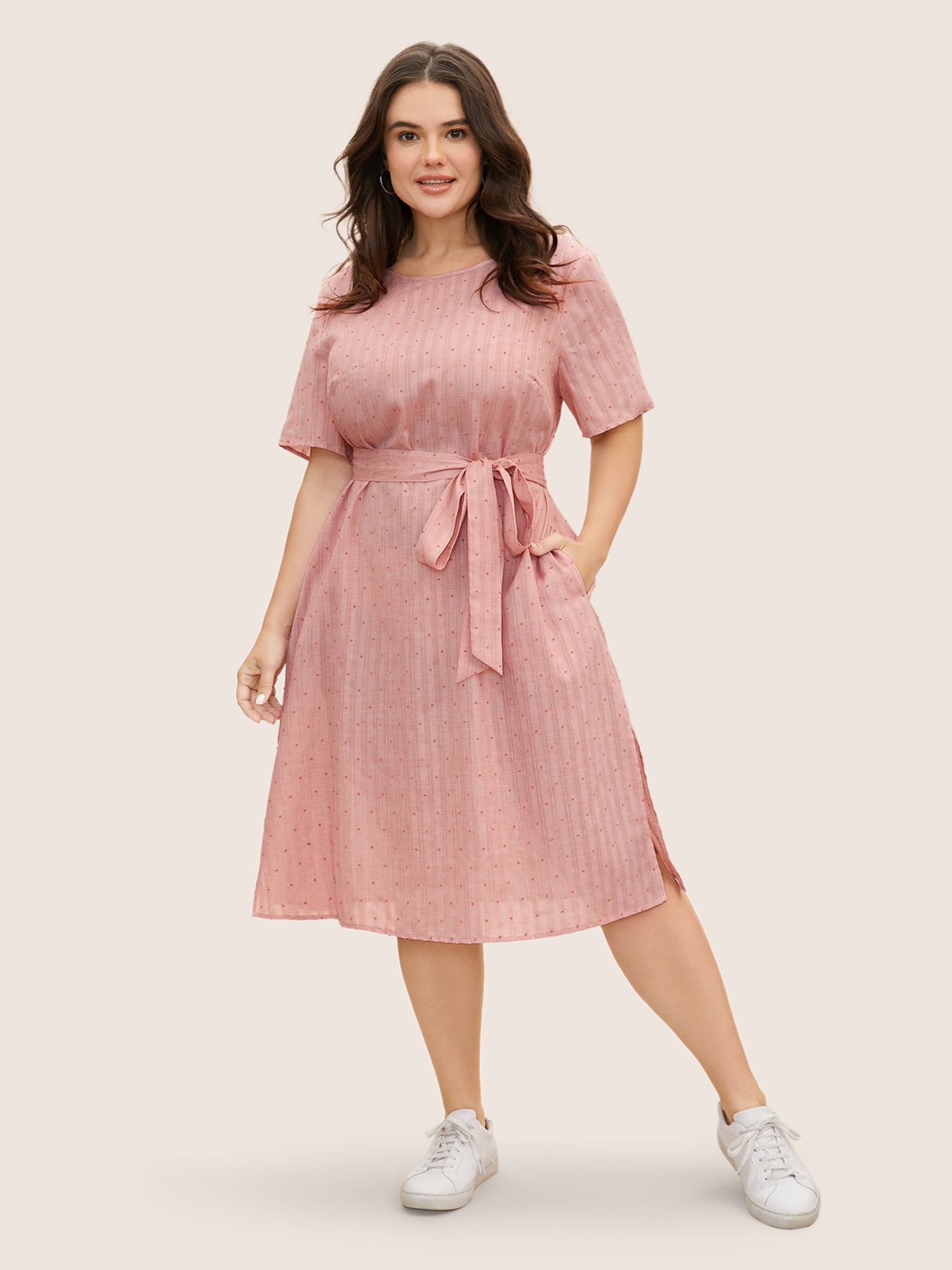 Polka Dot Jacquard Split Hem Belted Dress